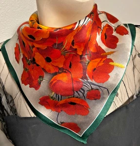 21 Inch Small Sq. Red, Green, Orange and White Floral 100% Mulberry Silk Scarf - Picture 1 of 9