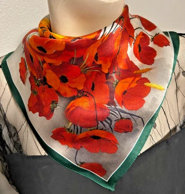 21 Inch Small Sq. Red, Green, Orange and White Floral 100% Mulberry Silk Scarf - Image 1 of 4