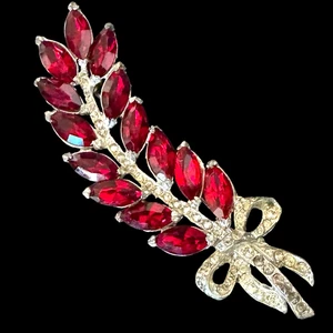 Vintage Art Deco rote Marquise Brosche Anstecknadel Strass Blattstrauß floral Statement - Bild 1 von 13