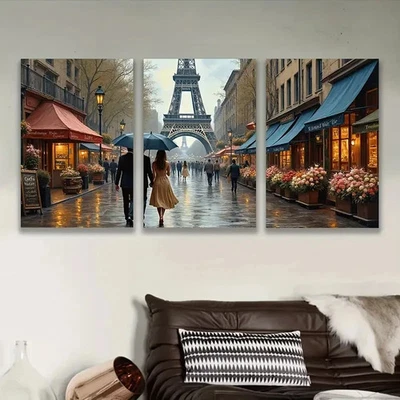 3pcs Eiffel Tower Scene With Walking Couple Wall Art Canvas Framed 50x70cm - Image 1 of 2