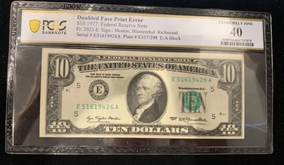 FR #2023-E $10 1977 FRN error de impresión de doble cara XF40 PCGS 947099-1 Foto 1 de 3