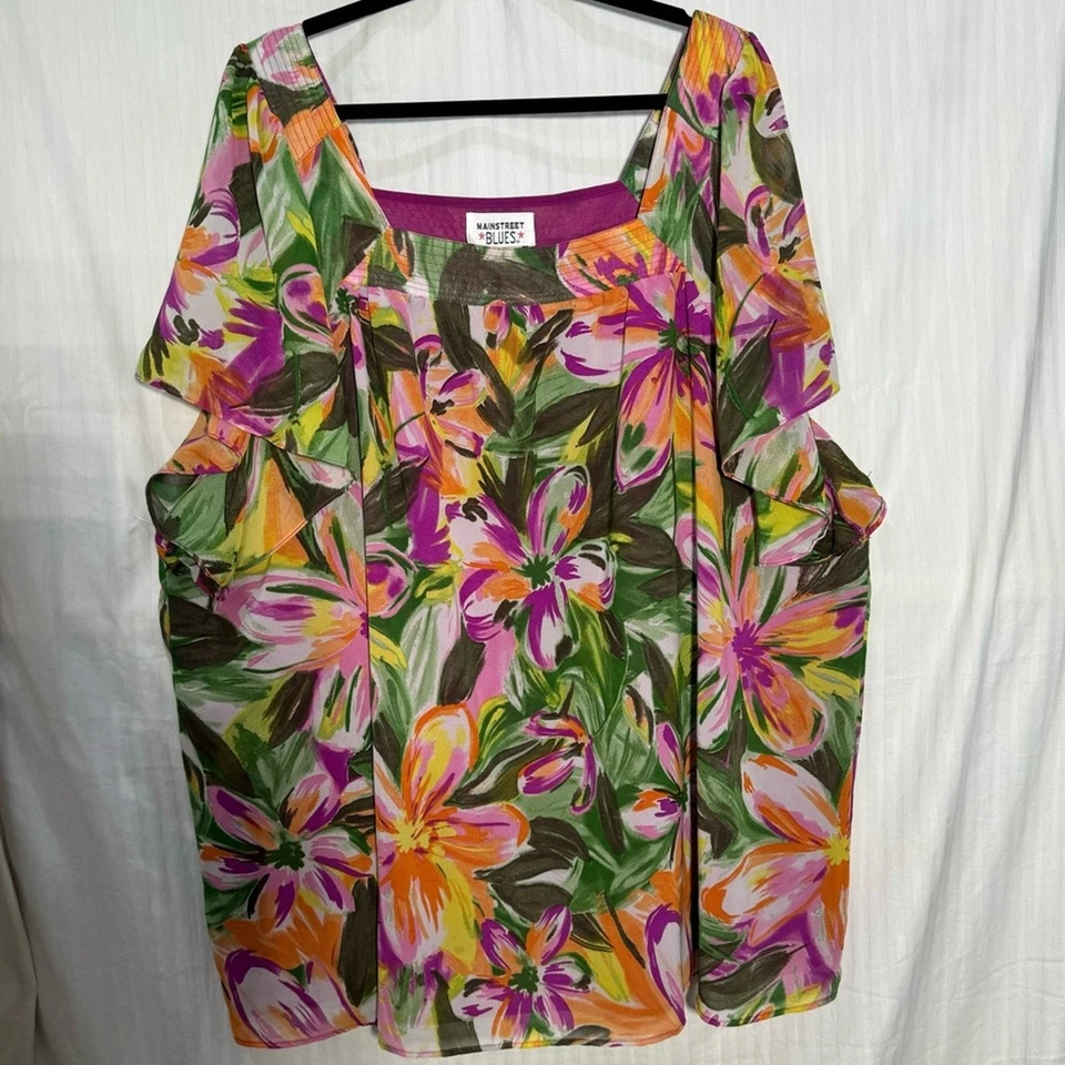 Blusa Mainstreet Azul Para Mujer Talla Grande 4X Mangas Acampanadas Tropicales Florales Foto 1 de 4