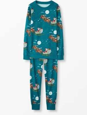 Hanna Andersson Long John Pajamas Organic Cotton Santa Sleigh Ride Blue US 6/7 - Image 1 of 4