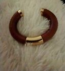 J Crew Brown Wood Hinged Bangle Bracelet w/Gold Accents 