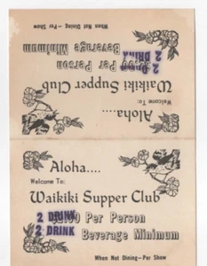 WAIKIKI SUPPER CLUB, HAWAII, Beverage Card - Picture 1 of 2