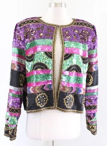 Vtg Colorful Striped Floral Silk Beaded Sequin Evening Party Jacket Size XL - Picture 1 of 10