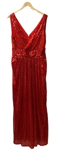 Kate Kasin Long V-Neck Sequined Sparkling Evening Bridesmaid Dress Size 14, Red - Picture 1 of 7