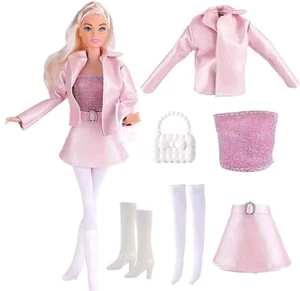 Barbie Sized Clothes Pink White Leather Look 6 Peice Set 1/6th Suit 30cm Dolls - Picture 1 of 2