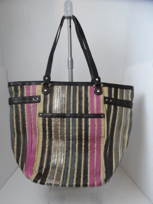 LIZ CLAIBORNE Cotton Canvas Pink/Brn Multi-Colored Leather Strip Large Tote Bag - Image 1 of 4