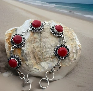 Italian Red Coral Gemstone bracelet 19cm- 925 plated Sterling Silver- New - Picture 1 of 6