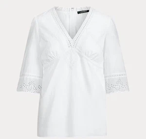 Top Lauren Ralph Lauren Borde de Ojales Blanco Algodón Talla L Cuello en V Boho Campesino - Imagen 1 de 14