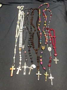 Lot of 8 Vintage Unusual Catholic Rosary Beads Mixed Materials Plastic Glass - Picture 1 of 24
