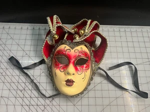 Venetian Jester Masquerade Carnival ~ Handmade Red Mask Costume w Bells - Picture 1 of 5