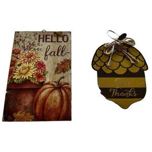 Lot Of 2 Fall Wooden Signs Wall Decor New Hello Fall Give Thanks Thanksgiving - Picture 1 of 5