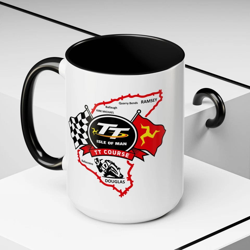 ATLANTIC ATLAS DESIGN Motorcycle Racing Isle of Man TT - Coffee Mug 15oz & 11oz - Red and Black Colors
