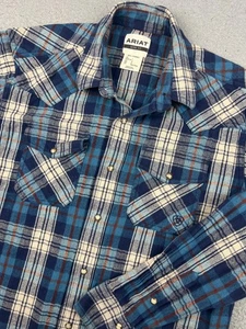 Camisa Ariat Para Hombres Grande Azul A Cuadros Perla Occidental A Presión Manga Larga Ajuste Retro - Imagen 1 de 10