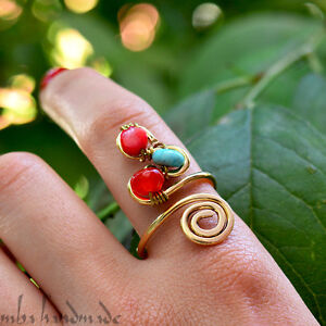 Coral Turquoise Agate Crystals Ring - Any Size - Handmade Jewelry