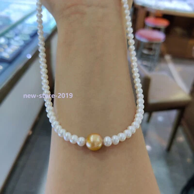 18" Vintage Yellow Round 9-10mm AAAA Akoya White 5-6mm Pearl Necklace 14k Gold P - Image 1 of 4