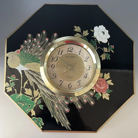 Vintage Peacock & Roses Black Lacquer Wall Clock Made In Japan Quartz EUC Cover
