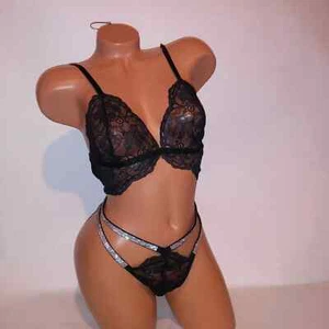 Victoria Secret Lencería Peluche Una Pieza Body Negro Brillo Correa Tirantes Encaje - Imagen 1 de 10