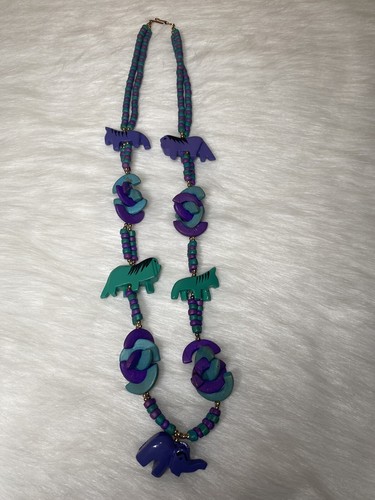 VETEMENTS Collana bigiotteria costume perline animali in legno color verde acqua viola vintage anni 80