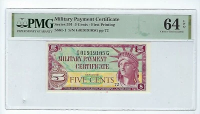  Military Payment Certificate Series 591 PMG 64 EPQ 5 cent PMG  - Image 1 of 2
