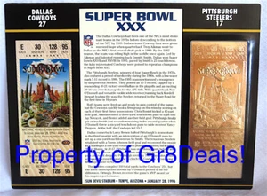 SUPER BOWL 30 ~ COWBOYS vs STEELERS NFL 22 KT GOLD SB XXX TICKET Willabee & Ward - Picture 1 of 1