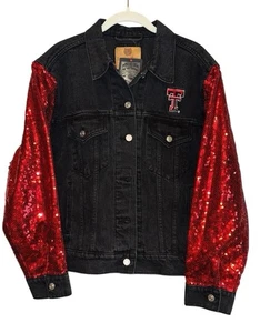 Texas Tech Red Raiders schwarze Jeansjacke mit roten Paillettenärmeln. 2 Knöpfe fehlen - Bild 1 von 11