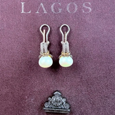 Pendientes colgantes de perlas cultivadas de caviar Lagos Luna de oro de 18 quilates y plata de ley 925 Foto 1 de 4