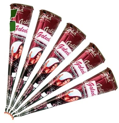 5 Stück - 100% Natural Golecha Henna Tattoo Paste Kegel Cones, Rotbraun - 125g