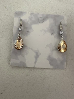 Light Champagne Crystal Teardrop Pear Earrings, Elegant Formal Classic Hooks - image 1 of 4