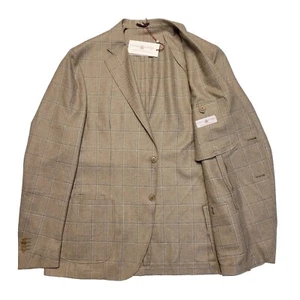 NEW Luciano Barbera SILK LINEN WOOL Check Blazer Men's 44 (EU 54) Tan Blue ITALY - Picture 1 of 11