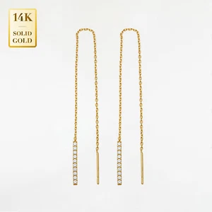 Pendientes colgantes elegantes colgantes de barra delgada de circonita cúbica real de oro macizo real de 14K - Imagen 1 de 6