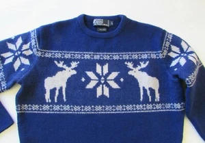 VTG Ralph Lauren Polo Blue Wool Fair Isle Nordic Moose Boy's Sweater Sz L - Picture 1 of 6