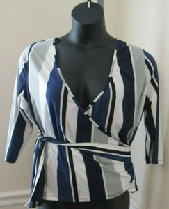  Plus Size Women's Striped Black Gray Blue Wrap Top Shirt Blouse Size 1X NWT - Picture 1 of 4
