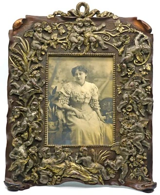 Antique Bronze Repousse Photo / Picture Frame with Cupids & a Lady at the Base - Image 1 of 4
