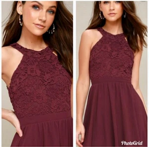 * Neu ohne Etikett LULU’S Burgunderrot Liebhaber Spiel bestickt Spitze Fit und Flair Kleid XS - Bild 1 von 8