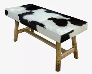 TAURO Black & White Cowhide Bench with Wooden Legs - Picture 1 of 4