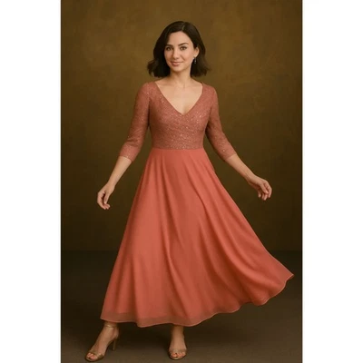 Vestido de Noche JKara Rosa Salmón Coral Lentejuelas Gasa Capas Talla 22W Foto 1 de 4