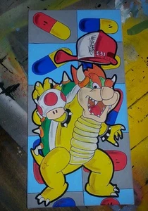 7 x 14 Nintendo bowser Mario Shroom graffiti art canvas painting hand framed nes - Picture 1 of 1