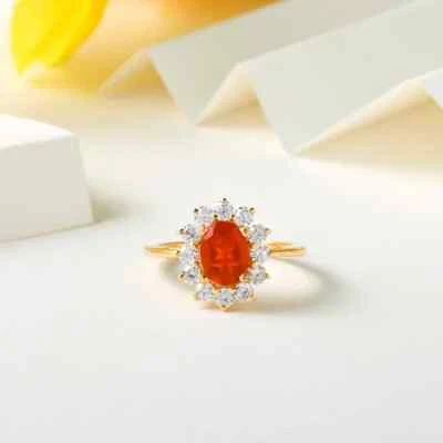 Anillo mexicano de ópalo de fuego en oro amarillo macizo de 10 quilates, anillos con halo de ópalo de fuego para mujer Foto 1 de 4