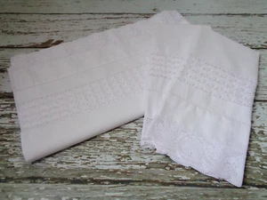 ANTIGUO Juego de sábanas planas de algodón blanco con ribete de encaje de ganchillo + 2 fundas de almohada - Imagen 1 de 10