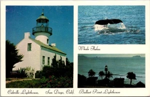 CABRILLO LIGHT HOUSE Whale Flukes BALLAST POINT LIGHTHOUSE multi view Postcard - Picture 1 of 2
