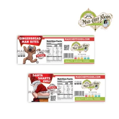 MAD CHEF FOODS FUNNY CHRISTMAS Gingerbread Bites & Santa Shart Chili Can Label STUFFER Gag Gift