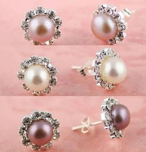 1 Pair Fresh Water Pearl Stud Pierced Earrings 3 Colors - Picture 1 of 4