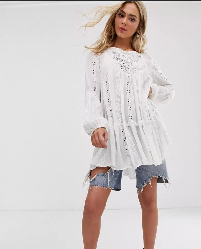 People Womens Ivory Long Sleeve Illusion Neckline Tunic Top Size XS