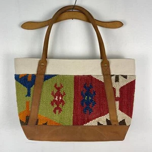 Noonday Collection Wool Leather Embroidered Boho Purse Tote Satchel 12"x19" - Picture 1 of 15