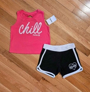 NEW Hurley Youth Big Girl Soft Tank Tee & Short Set, Pink/Charcoal - YS (8) - Picture 1 of 5