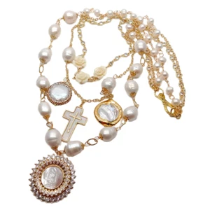 20" Freshwater White Rice Pearl Gold Plated Chian Layers Necklace Shell Pendant - Picture 1 of 8