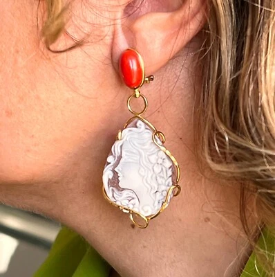 Cameo Earrings goddess of Fortune lucky charm coral gift for her woman Chic - Image 1 of 4